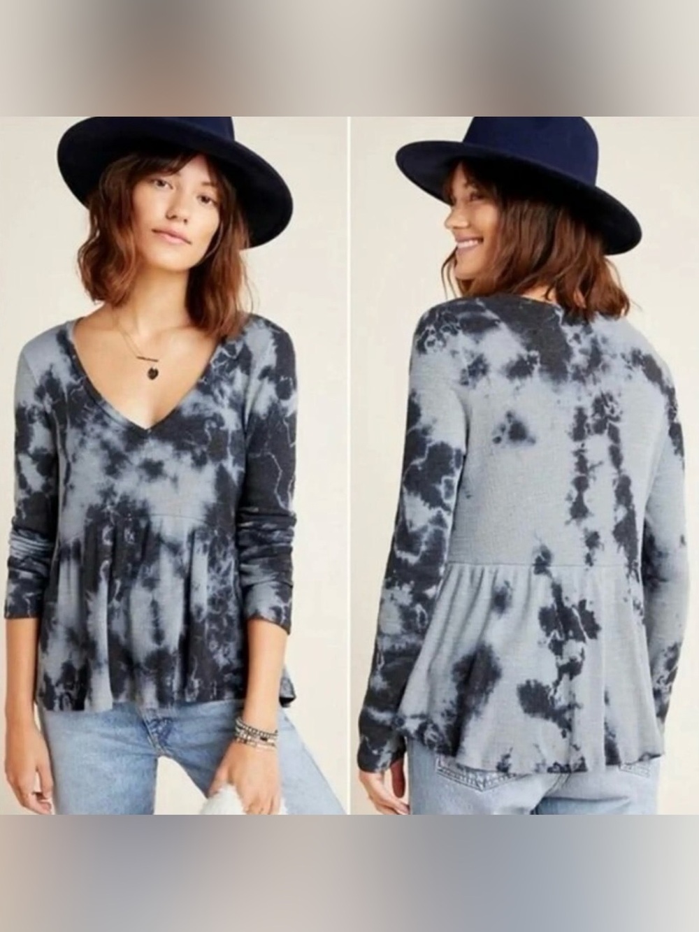 New ANTHROPOLOGIE T. LA Women’s Gray Tie Dye Babydoll JILL Blouse USA Size S